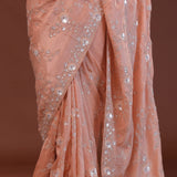 Peachy Pink Embroidery Saree With Scallop Border