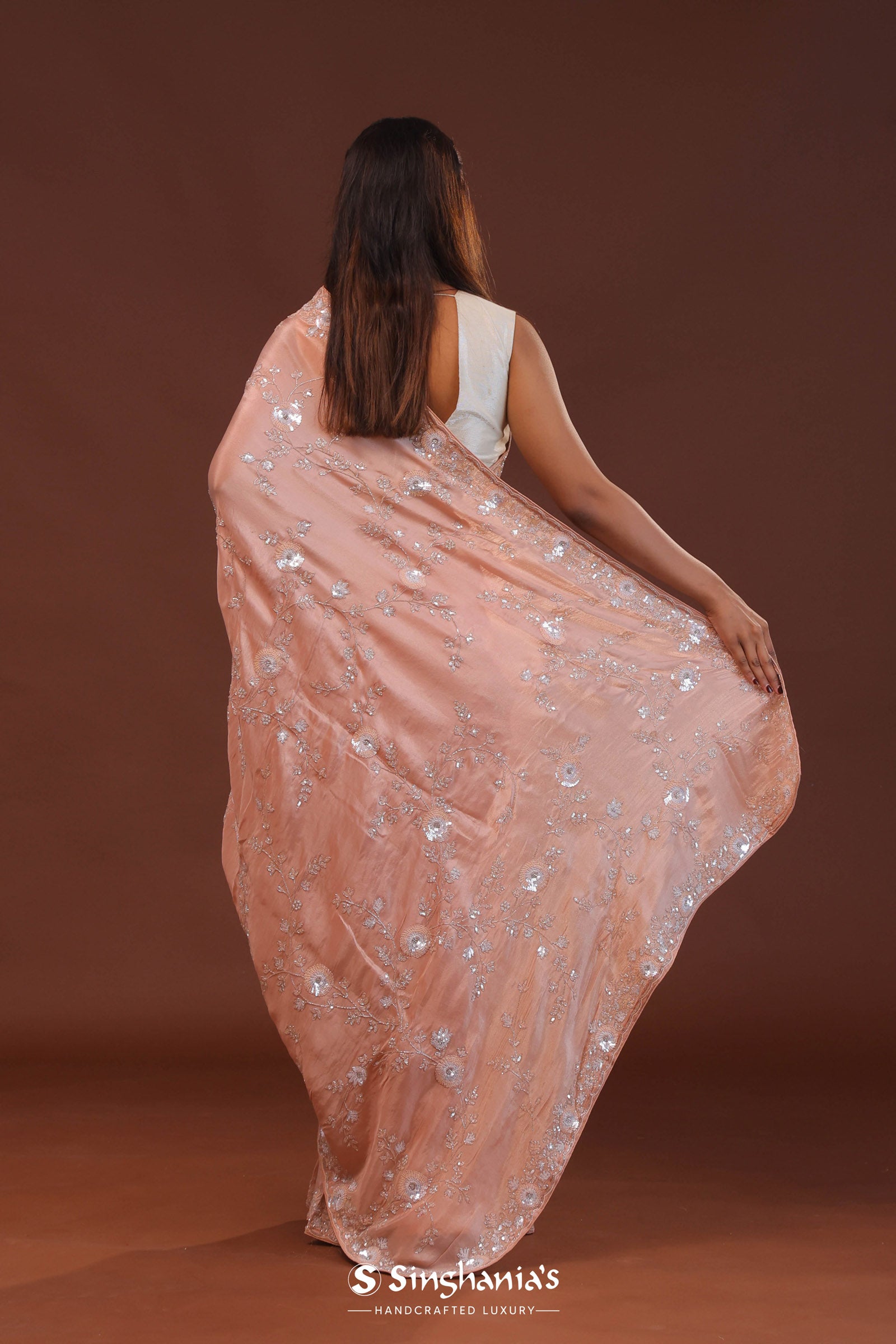 Peachy Pink Embroidery Saree With Scallop Border