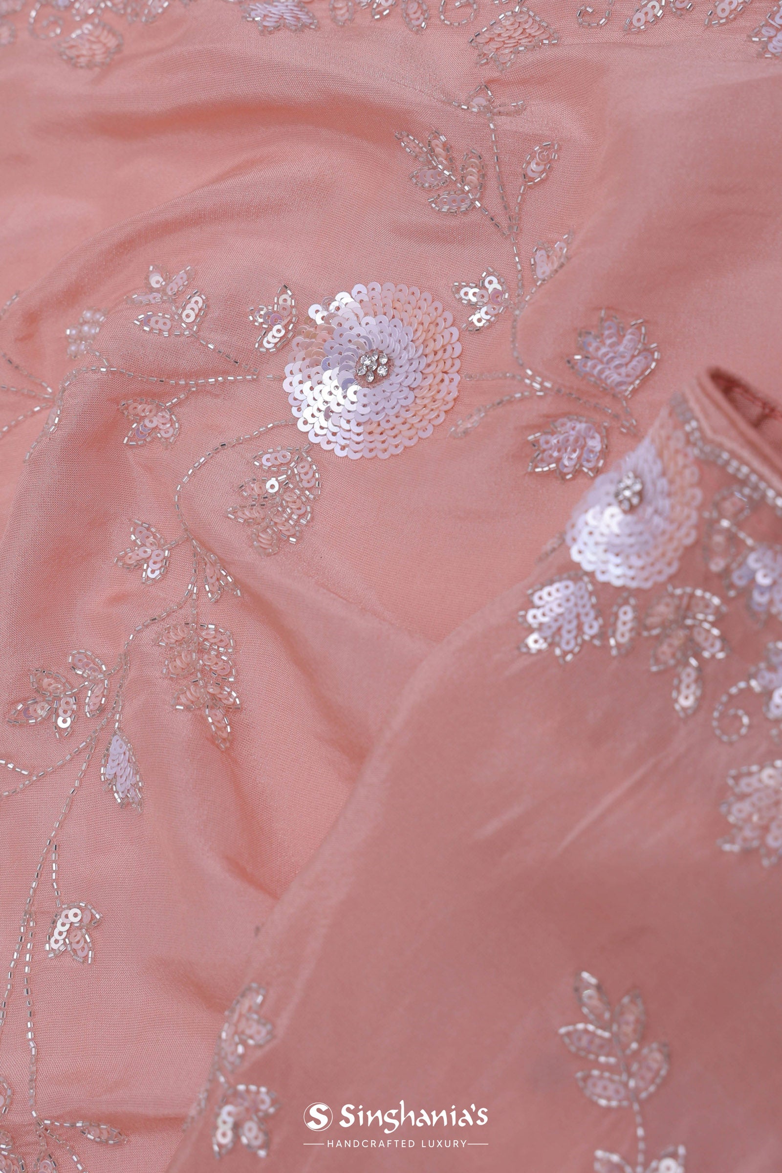 Peachy Pink Embroidery Saree With Scallop Border