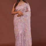 Pink Purple Organza Embroidery Saree With Scallop Border