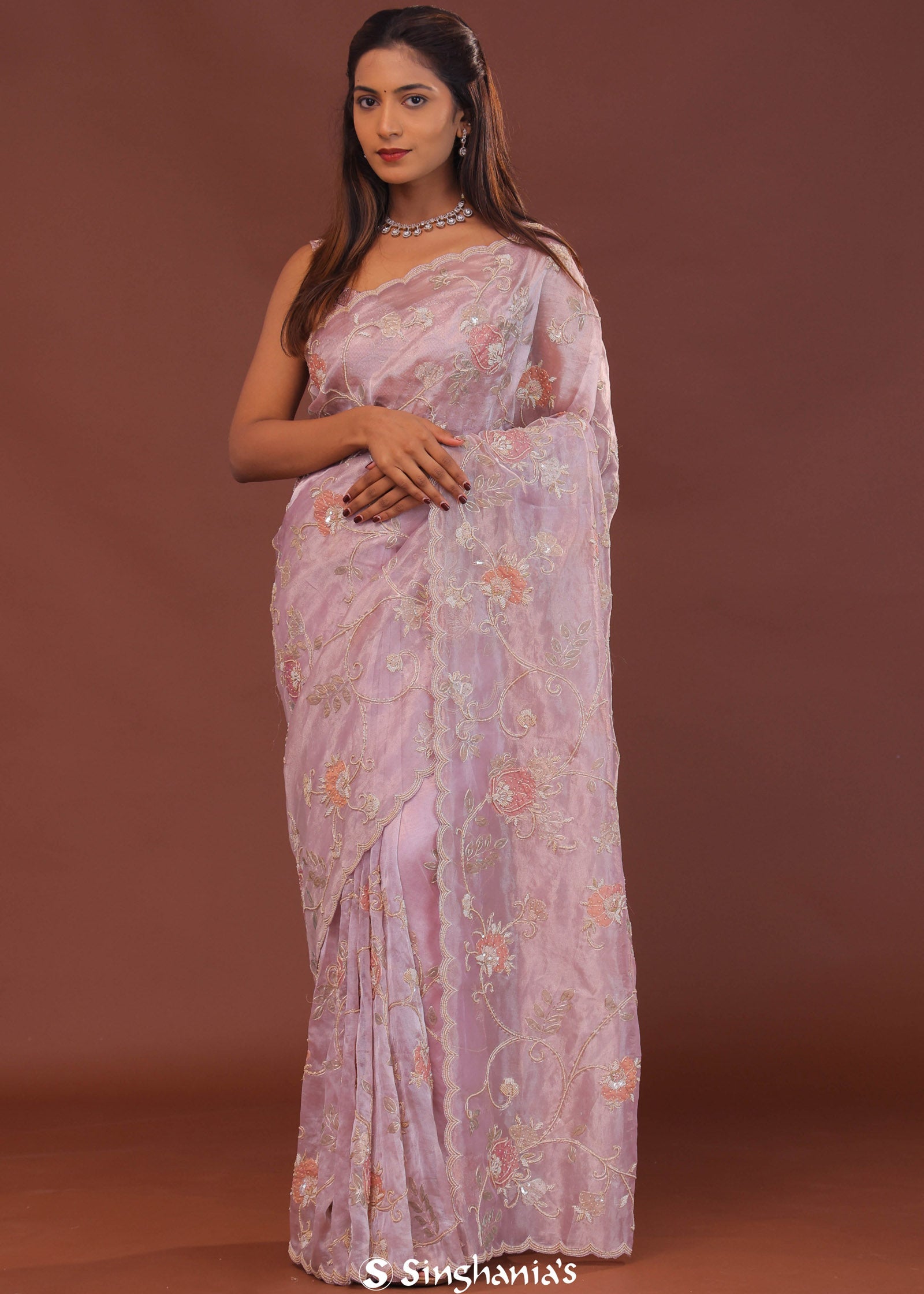 Pink Purple Organza Embroidery Saree With Scallop Border