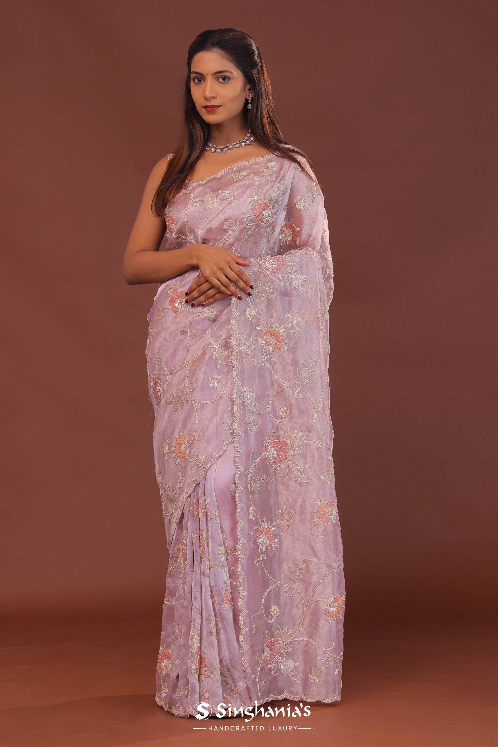Pink Purple Organza Embroidery Saree With Scallop Border