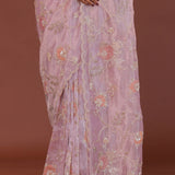 Pink Purple Organza Embroidery Saree With Scallop Border