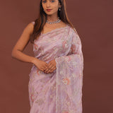 Pink Purple Organza Embroidery Saree With Scallop Border