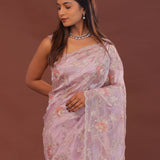 Pink Purple Organza Embroidery Saree With Scallop Border
