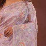 Pink Purple Organza Embroidery Saree With Scallop Border