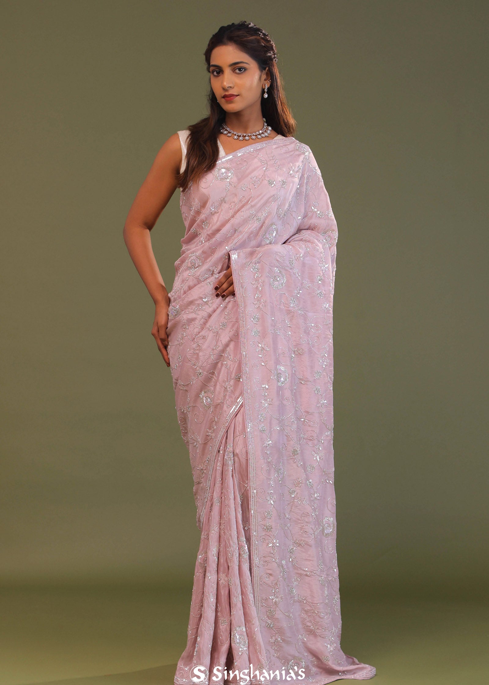 Baby Pink Falling Tissue Organza Handwork Saree