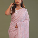 Baby Pink Falling Tissue Organza Handwork Saree