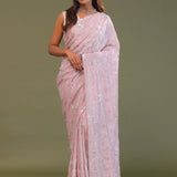 Baby Pink Falling Tissue Organza Handwork Saree