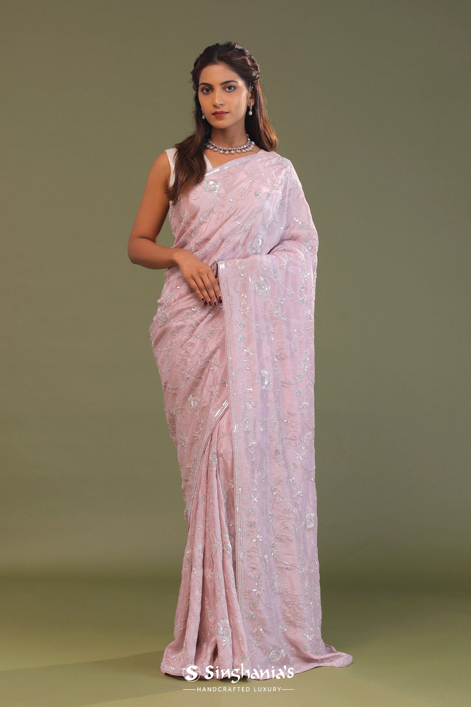 Baby Pink Falling Tissue Organza Handwork Saree