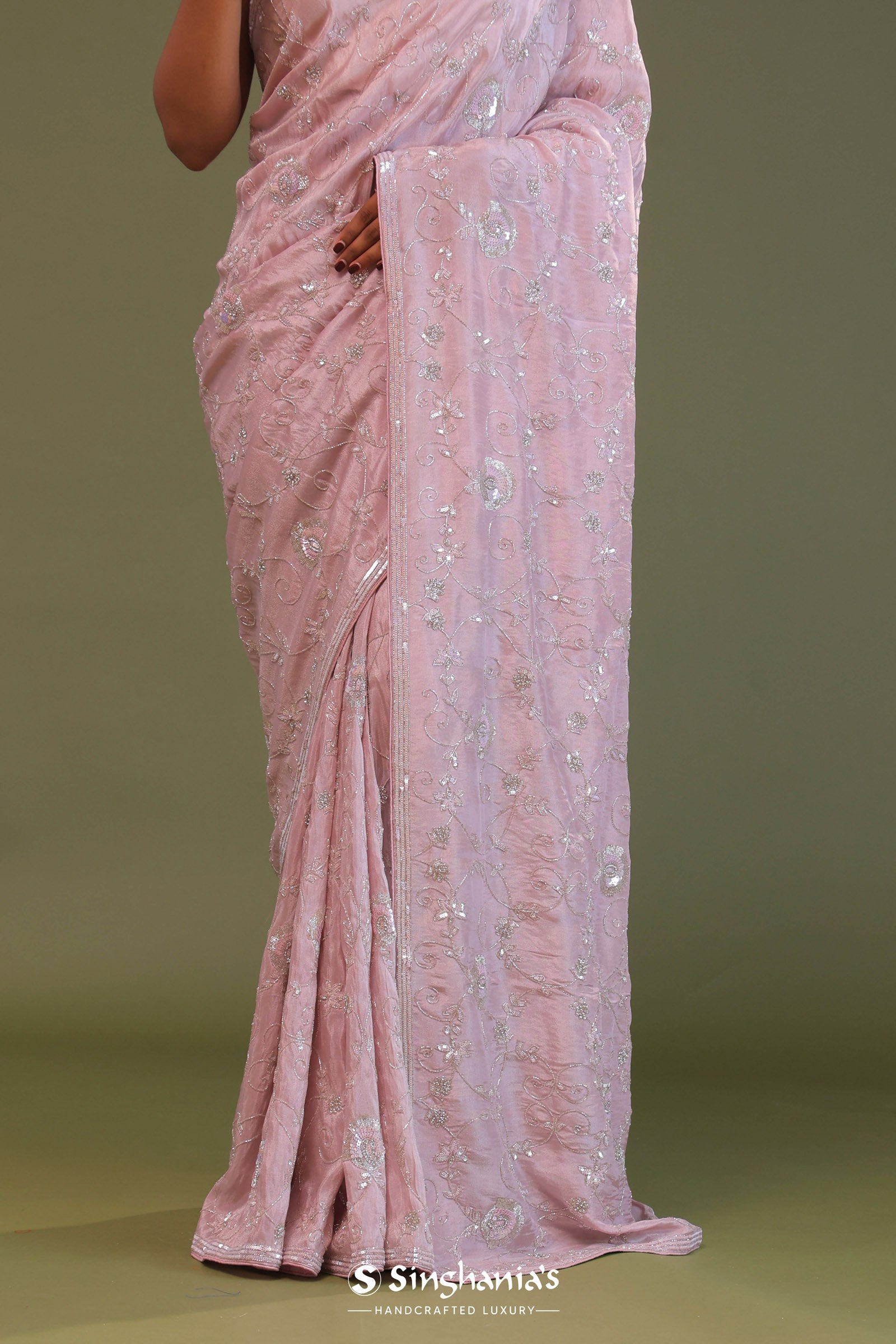 Baby Pink Falling Tissue Organza Handwork Saree