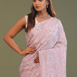 Baby Pink Falling Tissue Organza Handwork Saree