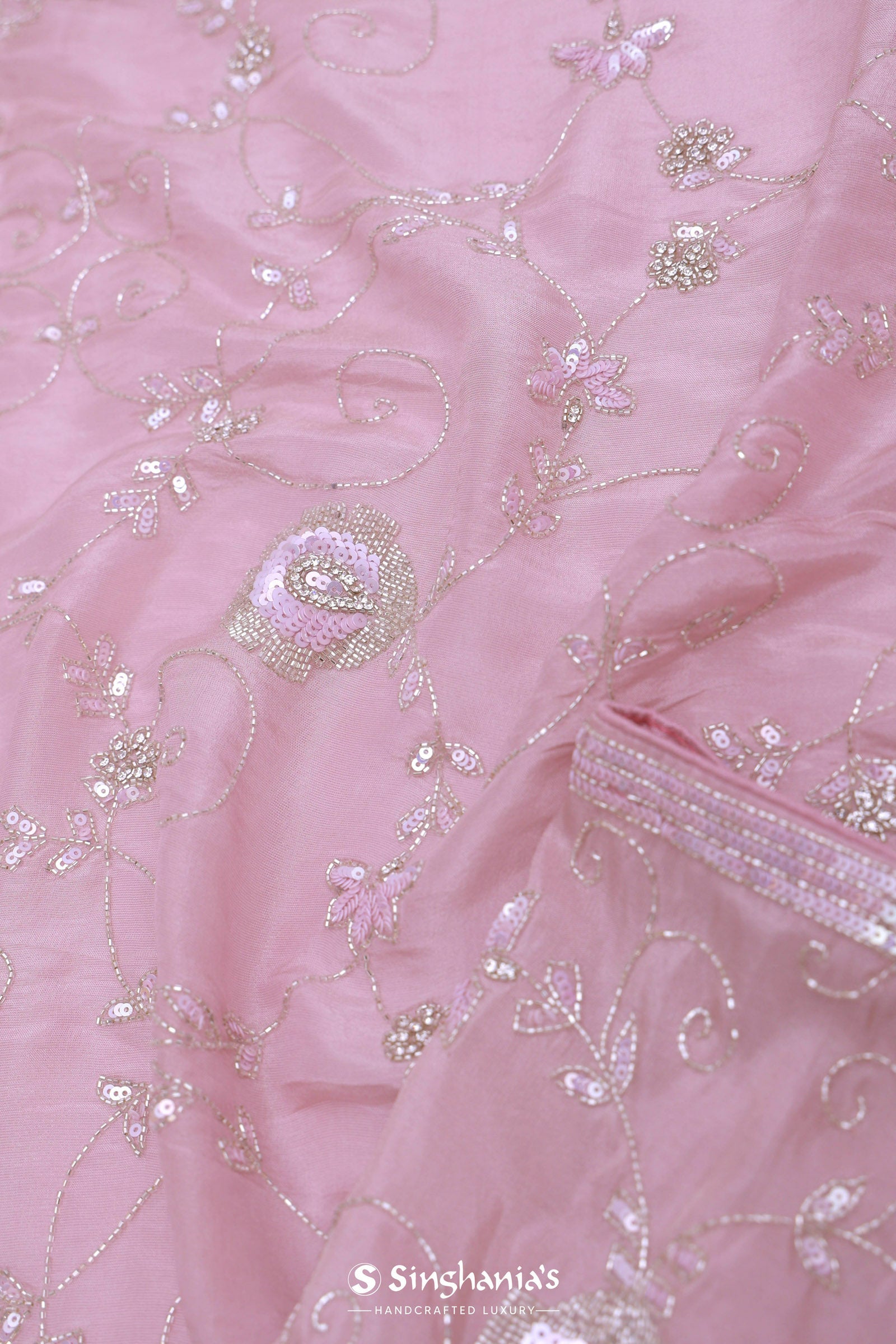 Baby Pink Falling Tissue Organza Handwork Saree