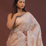 Soft Salmon Pink Organza Embroidery Saree With Scallop Border