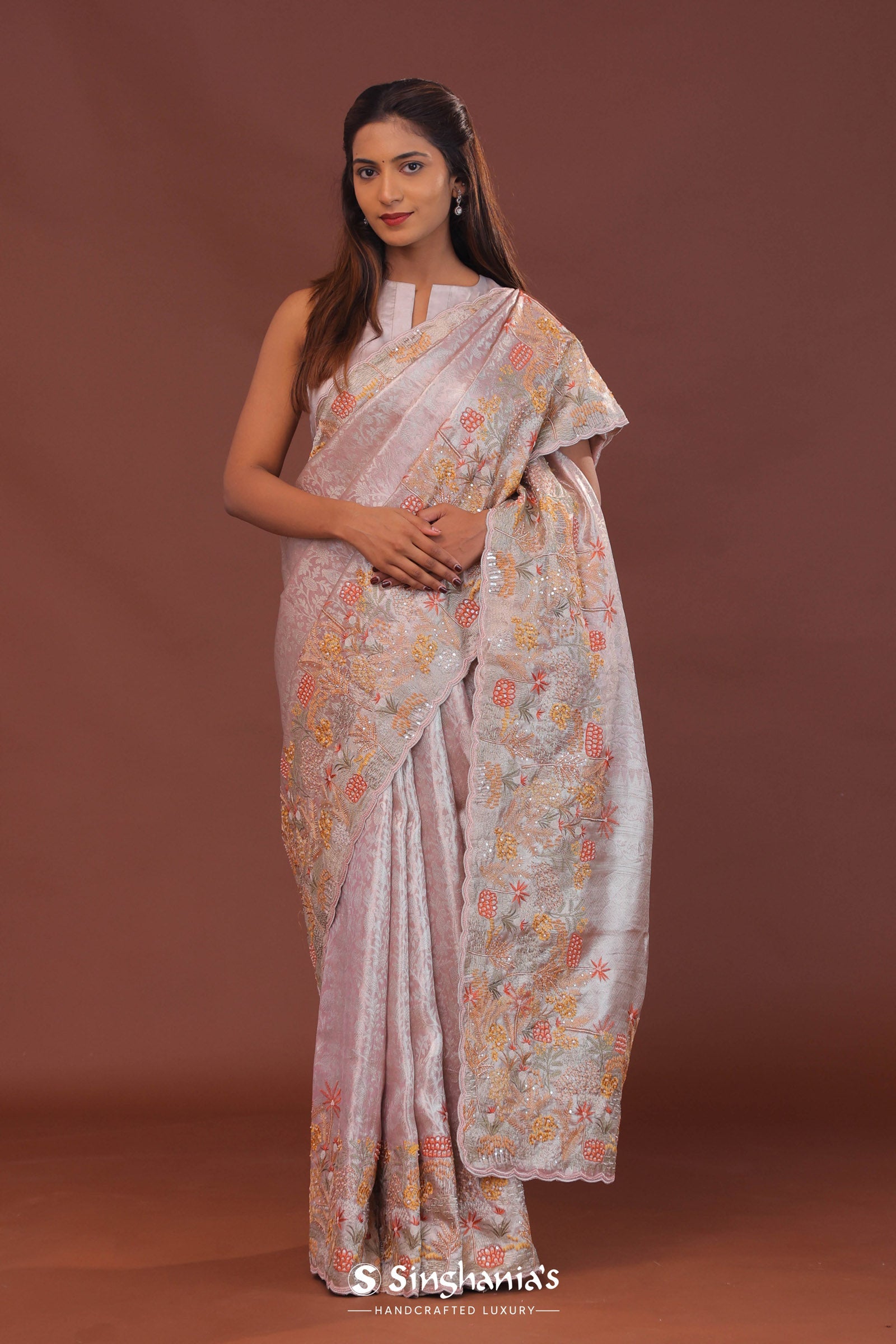 Blush Pink Banarasi Embroidery Saree With Scallop Border