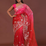 Rose Red And Pink Dual Shade Organza Embroidery Saree With Scallop Border