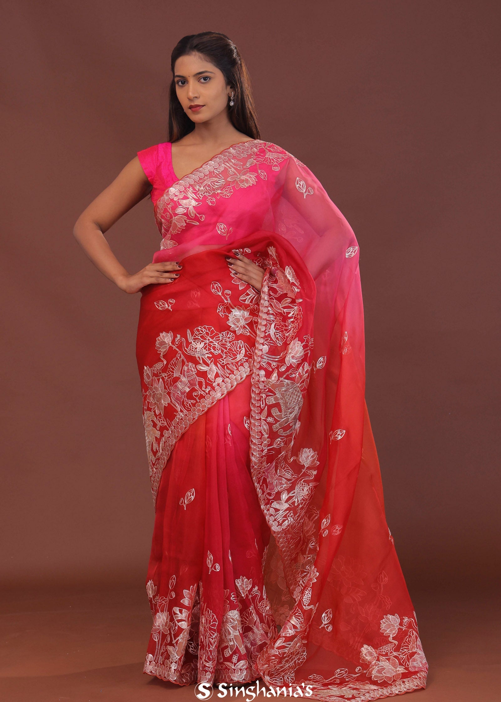 Rose Red And Pink Dual Shade Organza Embroidery Saree With Scallop Border