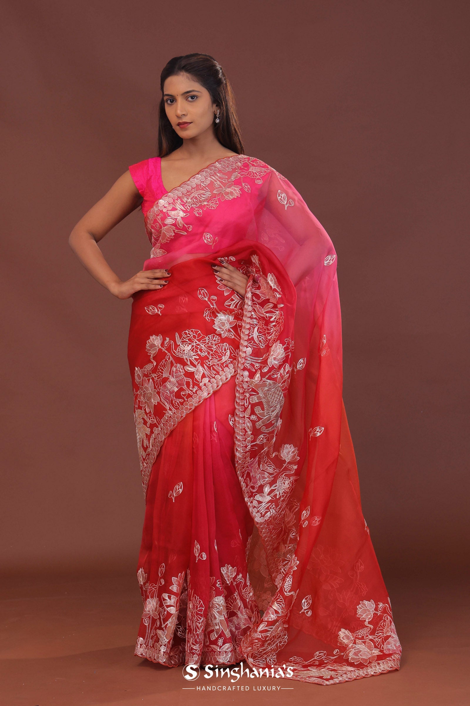 Rose Red And Pink Dual Shade Organza Embroidery Saree With Scallop Border