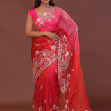 Rose Red And Pink Dual Shade Organza Embroidery Saree With Scallop Border