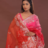 Rose Red And Pink Dual Shade Organza Embroidery Saree With Scallop Border
