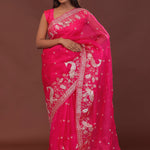 Dark Hot Pink Organza Embroidery Saree With Scallop Border