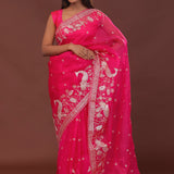 Dark Hot Pink Organza Embroidery Saree With Scallop Border