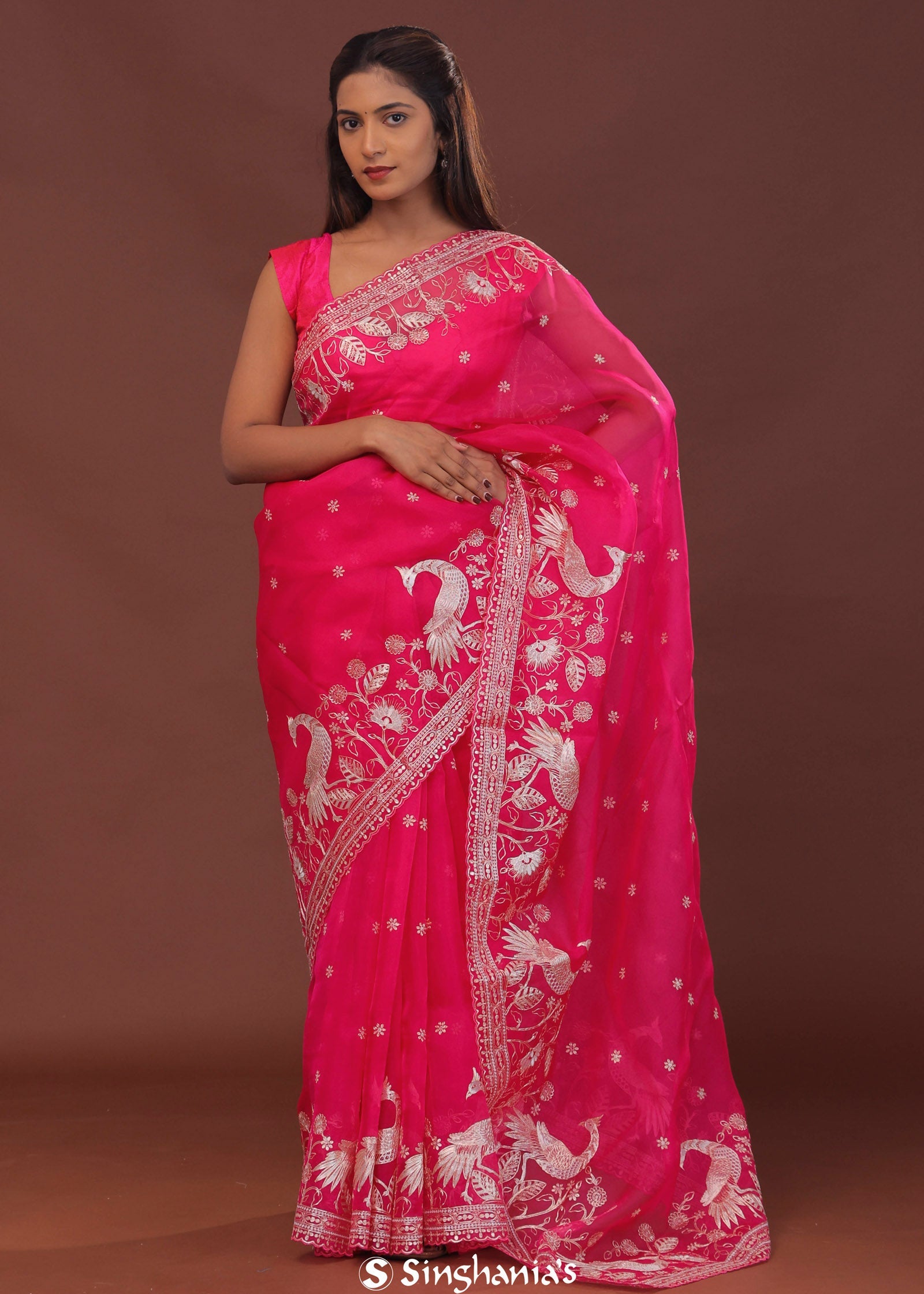 Dark Hot Pink Organza Embroidery Saree With Scallop Border