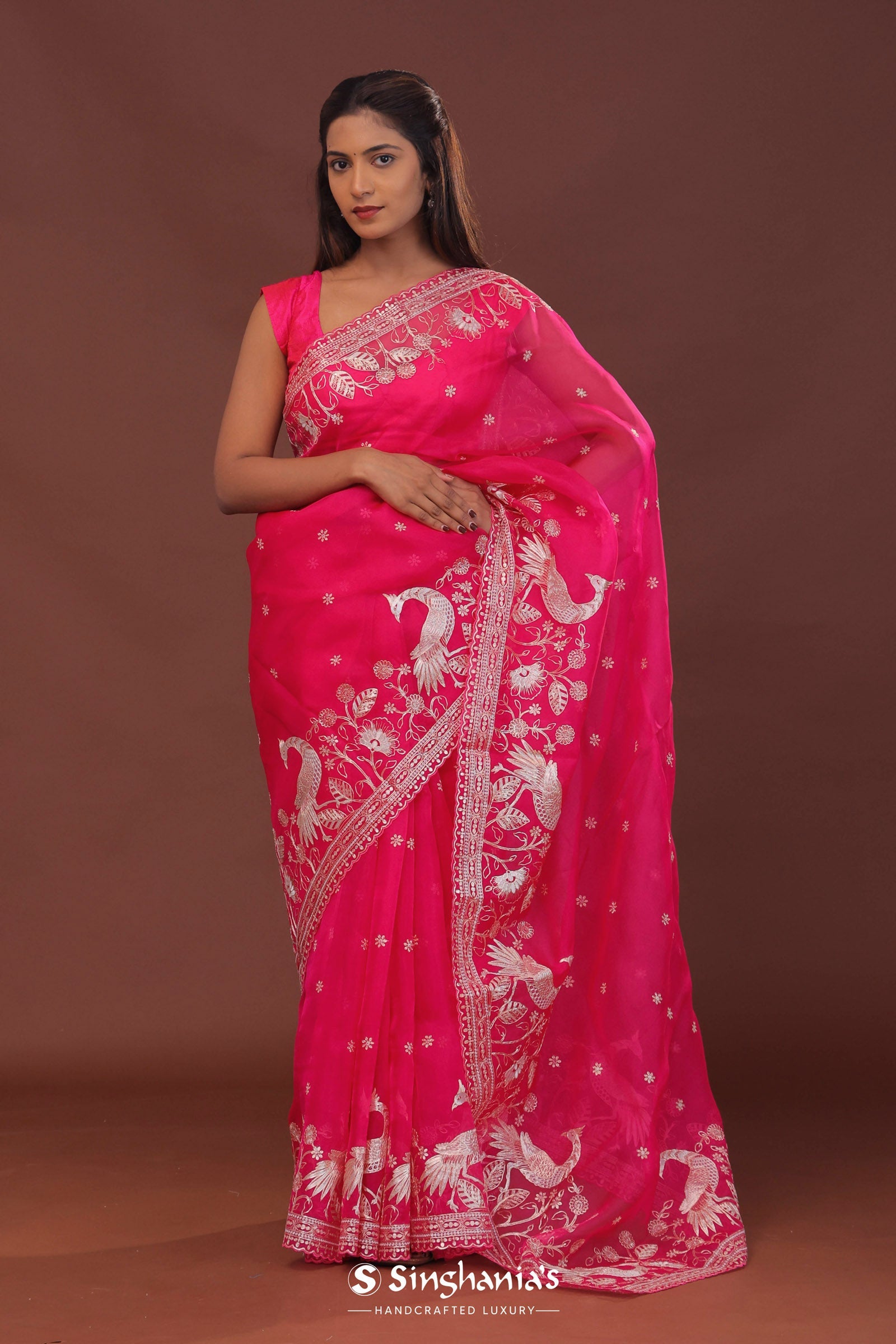 Dark Hot Pink Organza Embroidery Saree With Scallop Border