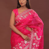 Dark Hot Pink Organza Embroidery Saree With Scallop Border