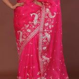 Dark Hot Pink Organza Embroidery Saree With Scallop Border