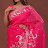 Dark Hot Pink Organza Embroidery Saree With Scallop Border