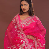 Dark Hot Pink Organza Embroidery Saree With Scallop Border