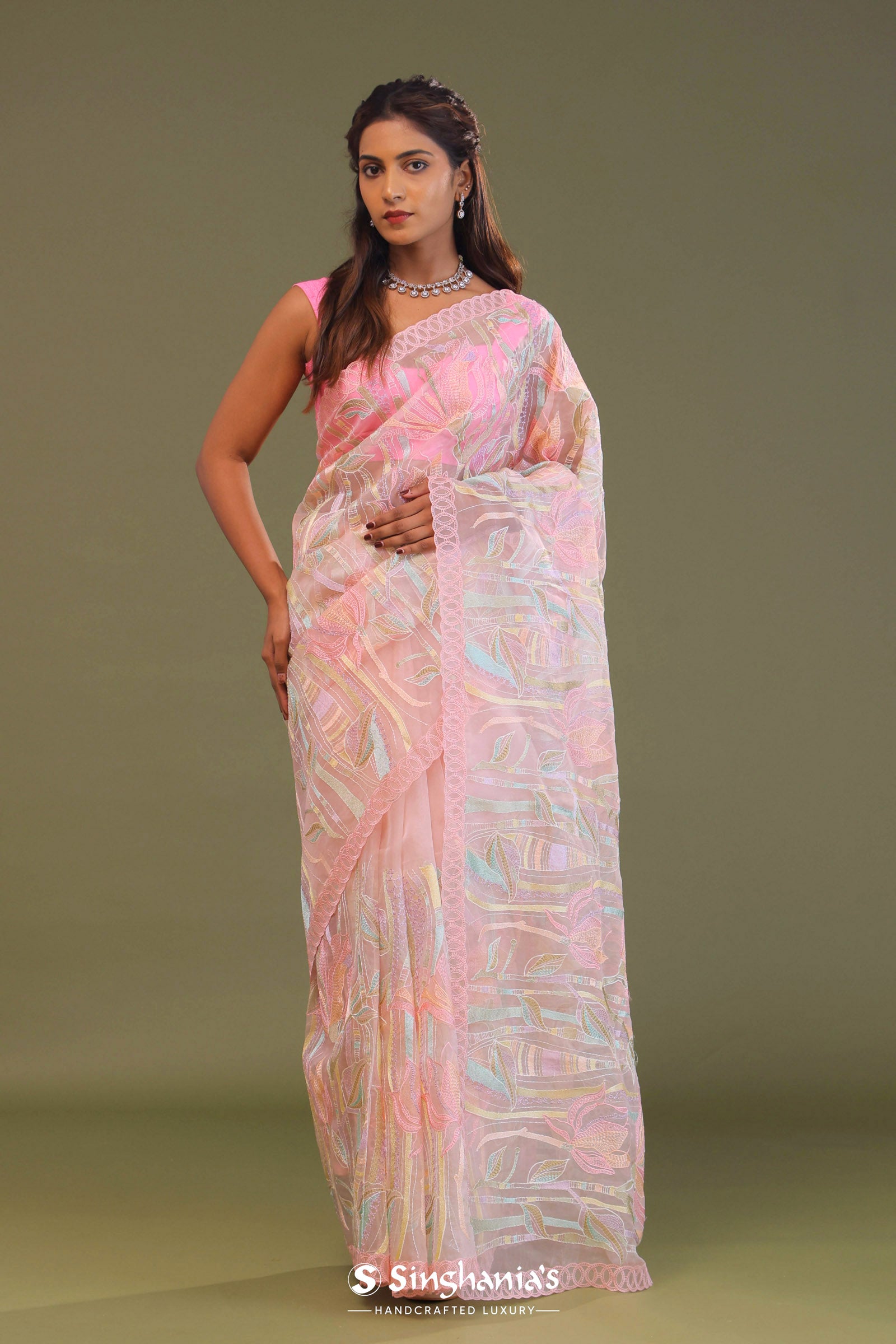 Light Pink Soft Organza Embroidery Saree With Multicolour Thread Work