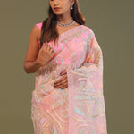 Light Pink Soft Organza Embroidery Saree With Multicolour Thread Work