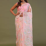 Light Pink Soft Organza Embroidery Saree With Multicolour Thread Work