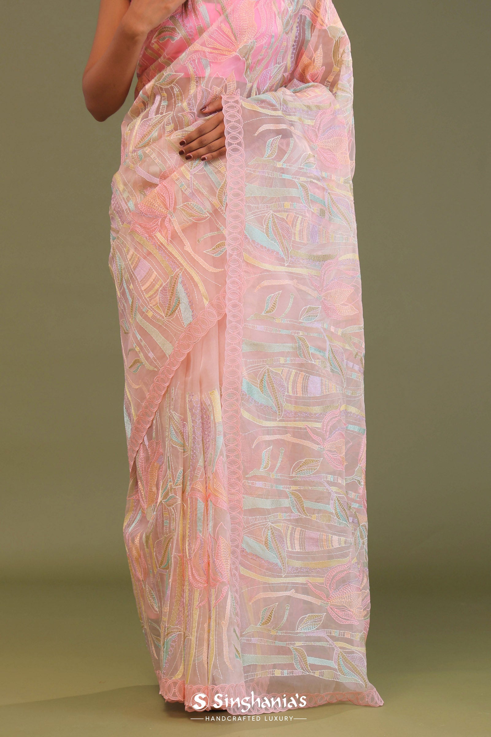 Light Pink Soft Organza Embroidery Saree With Multicolour Thread Work