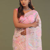 Light Pink Soft Organza Embroidery Saree With Multicolour Thread Work