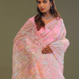 Light Pink Soft Organza Embroidery Saree With Multicolour Thread Work