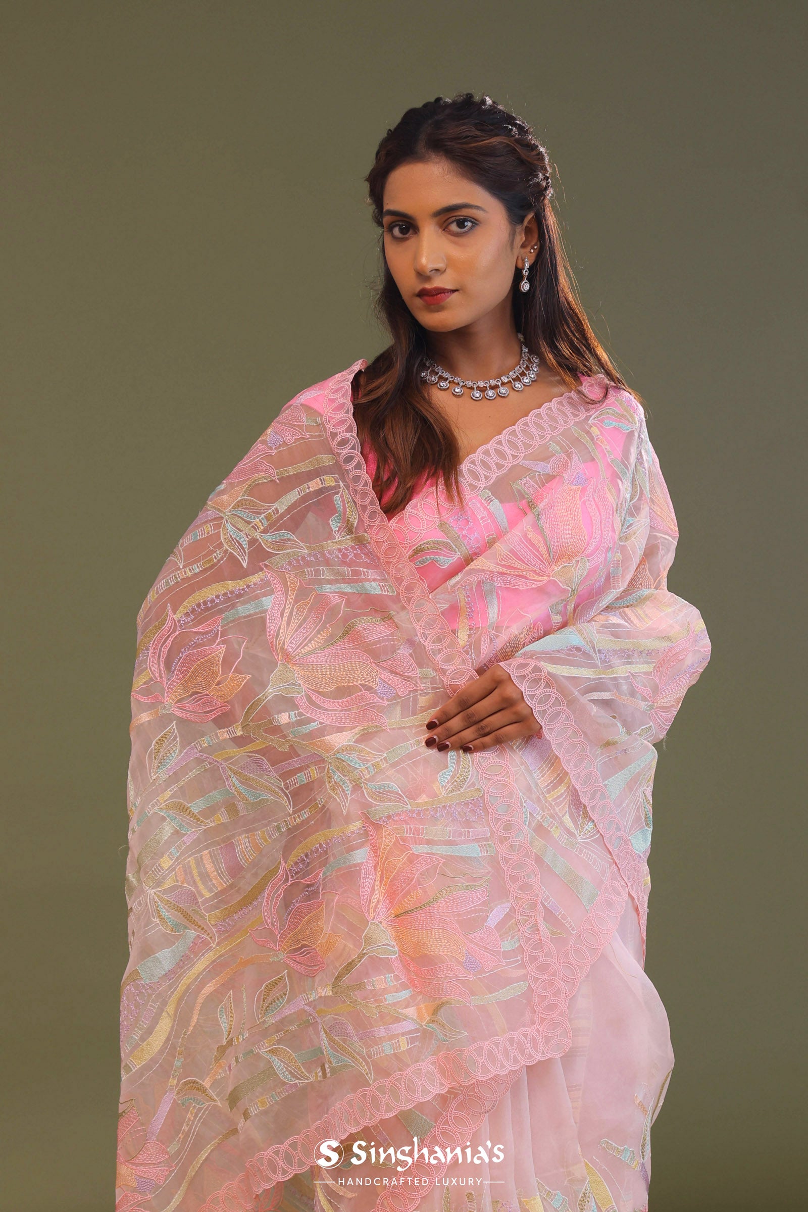 Light Pink Soft Organza Embroidery Saree With Multicolour Thread Work