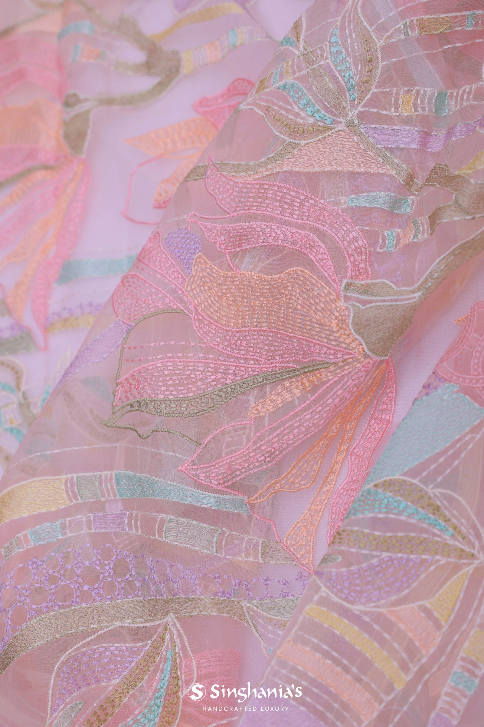 Light Pink Soft Organza Embroidery Saree With Multicolour Thread Work