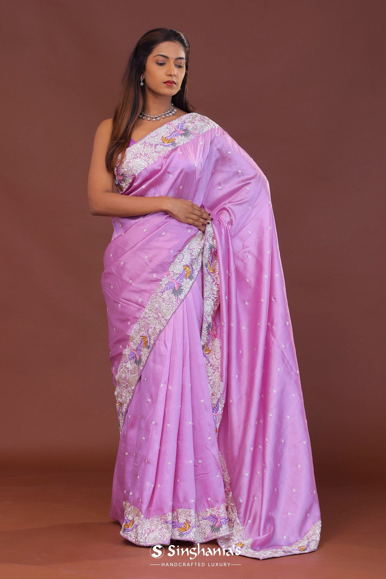 Lavender Soft Silk With Parsi Embroidery