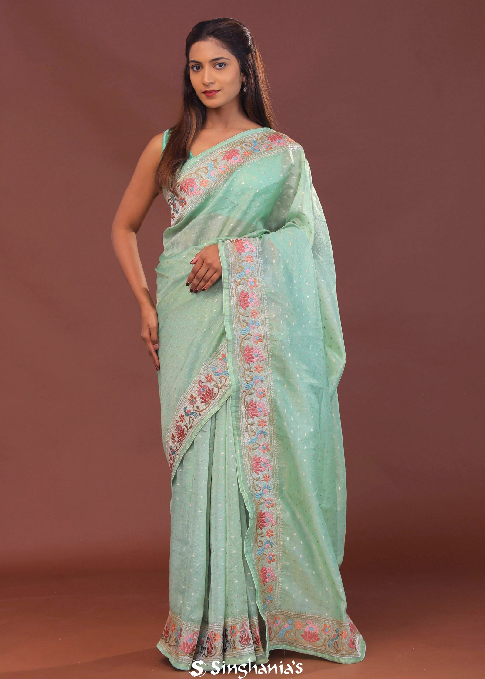 Pistachio Green Organza Saree With Fancy Border