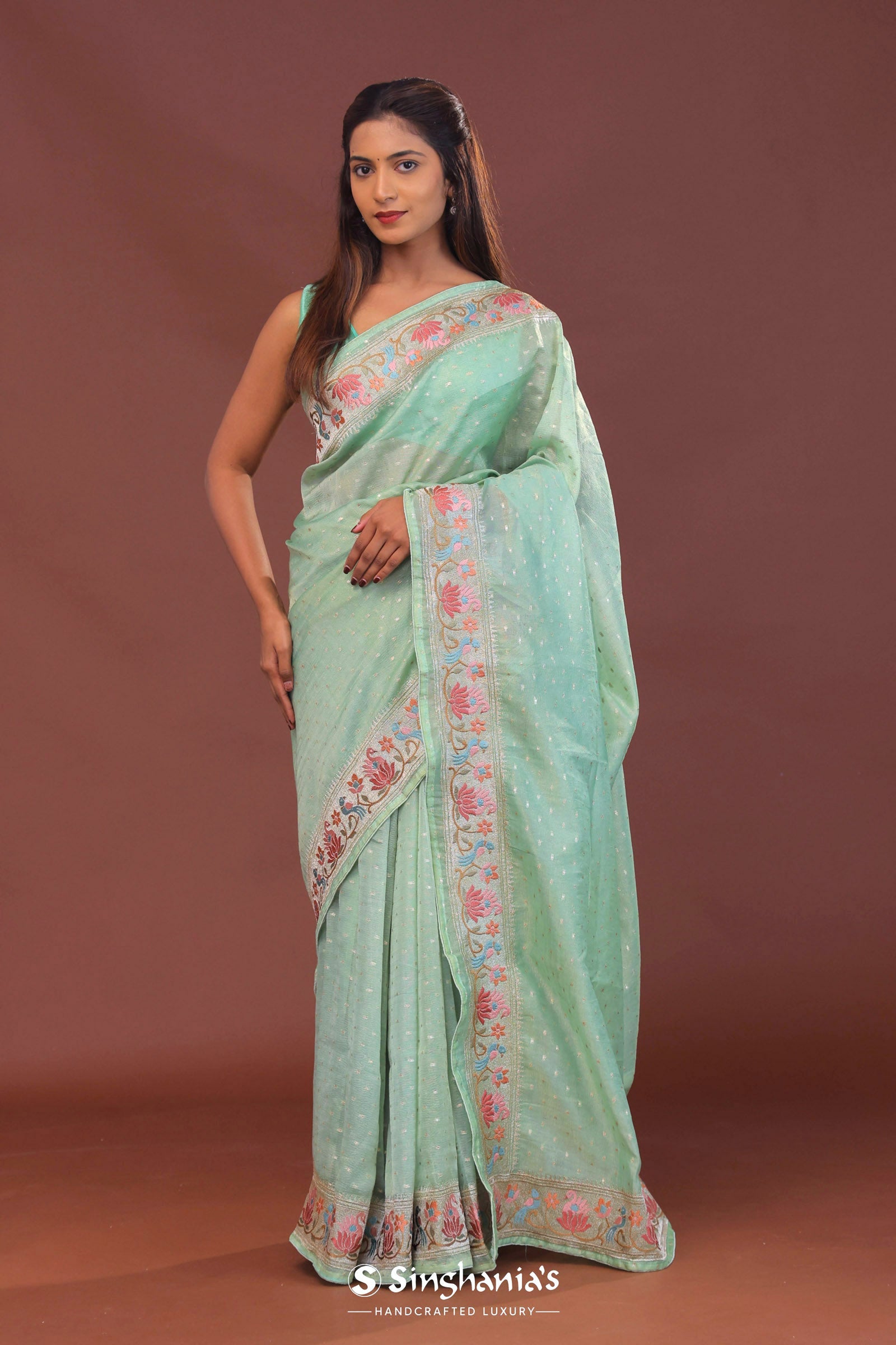 Pistachio Green Organza Saree With Fancy Border