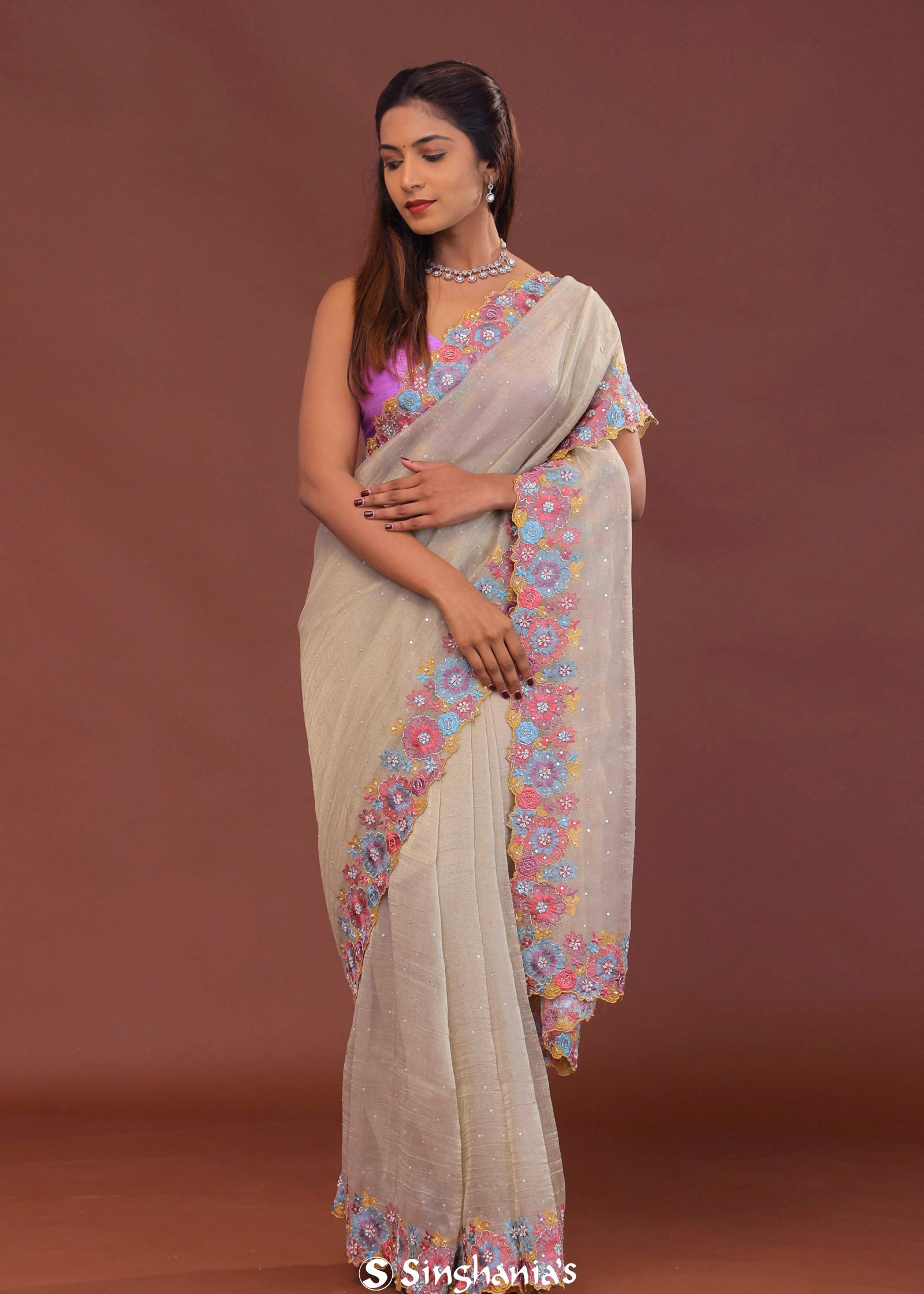 Soft Light French Beige Crush Tissue With Sequins Work