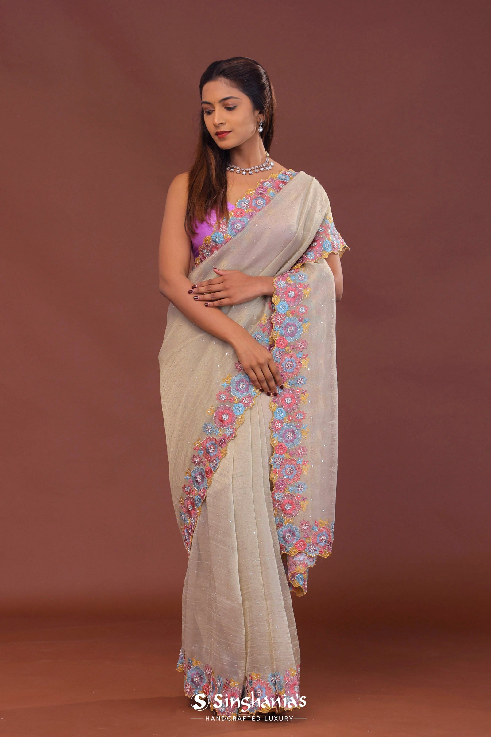 Soft Light French Beige Crush Tissue With Sequins Work