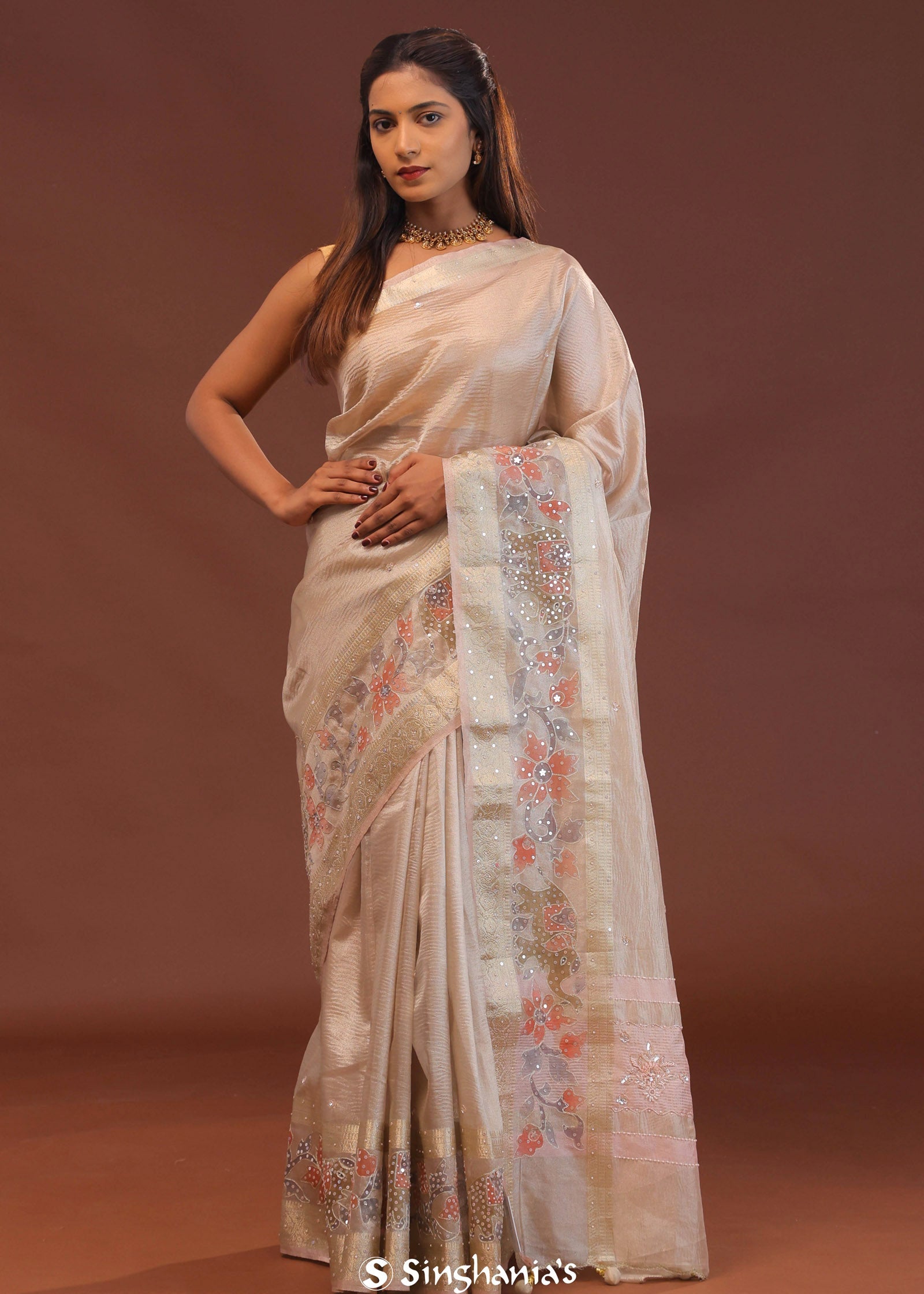 Pastel Pink Crush Tissue Organza Embroidery Saree With Sequins Butti'S