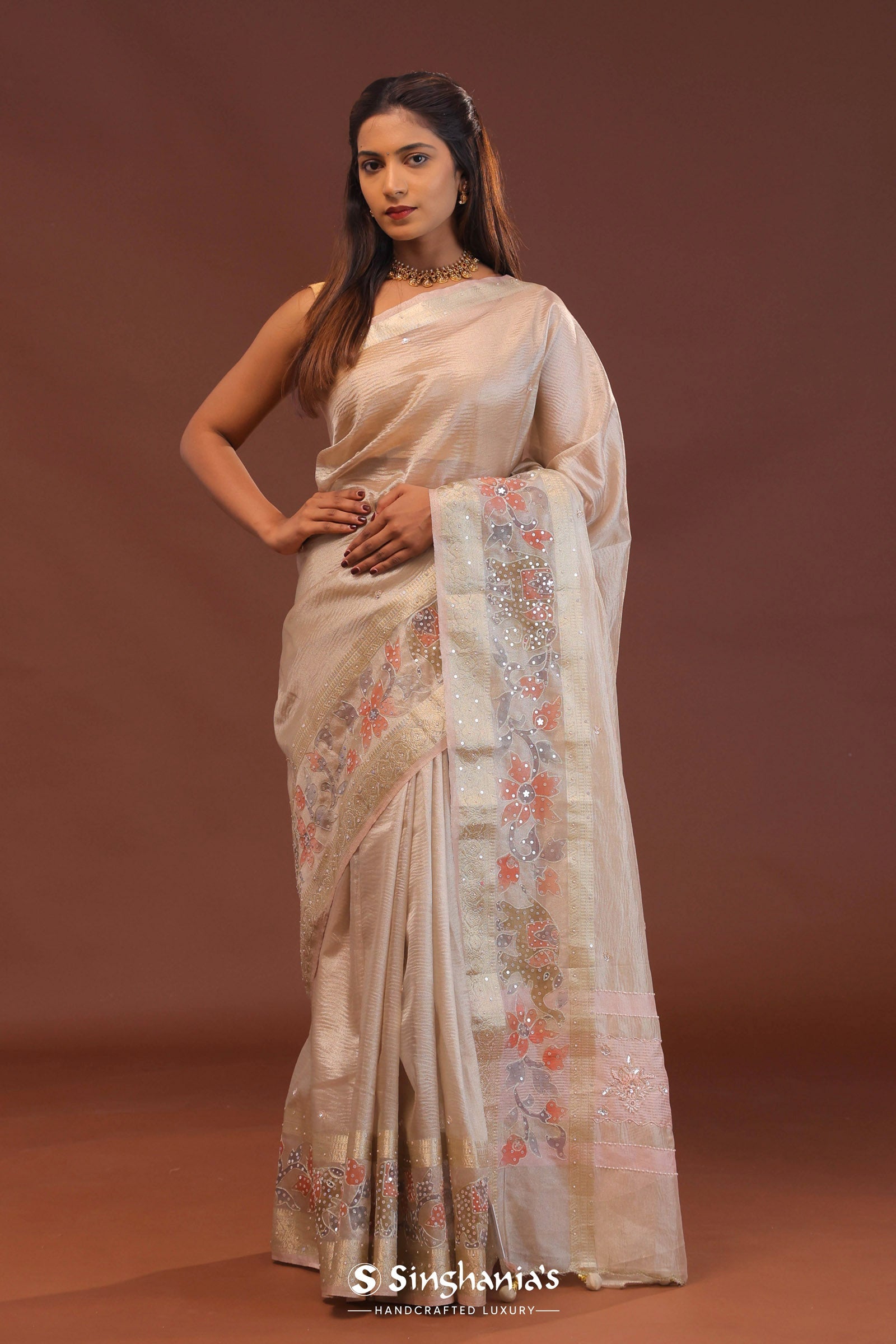 Pastel Pink Crush Tissue Organza Embroidery Saree With Sequins Butti'S