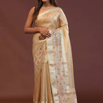 Beige Crushed Tissue Organza Embroidery Saree With Gold Zari Border