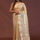 Beige Crushed Tissue Organza Embroidery Saree With Gold Zari Border