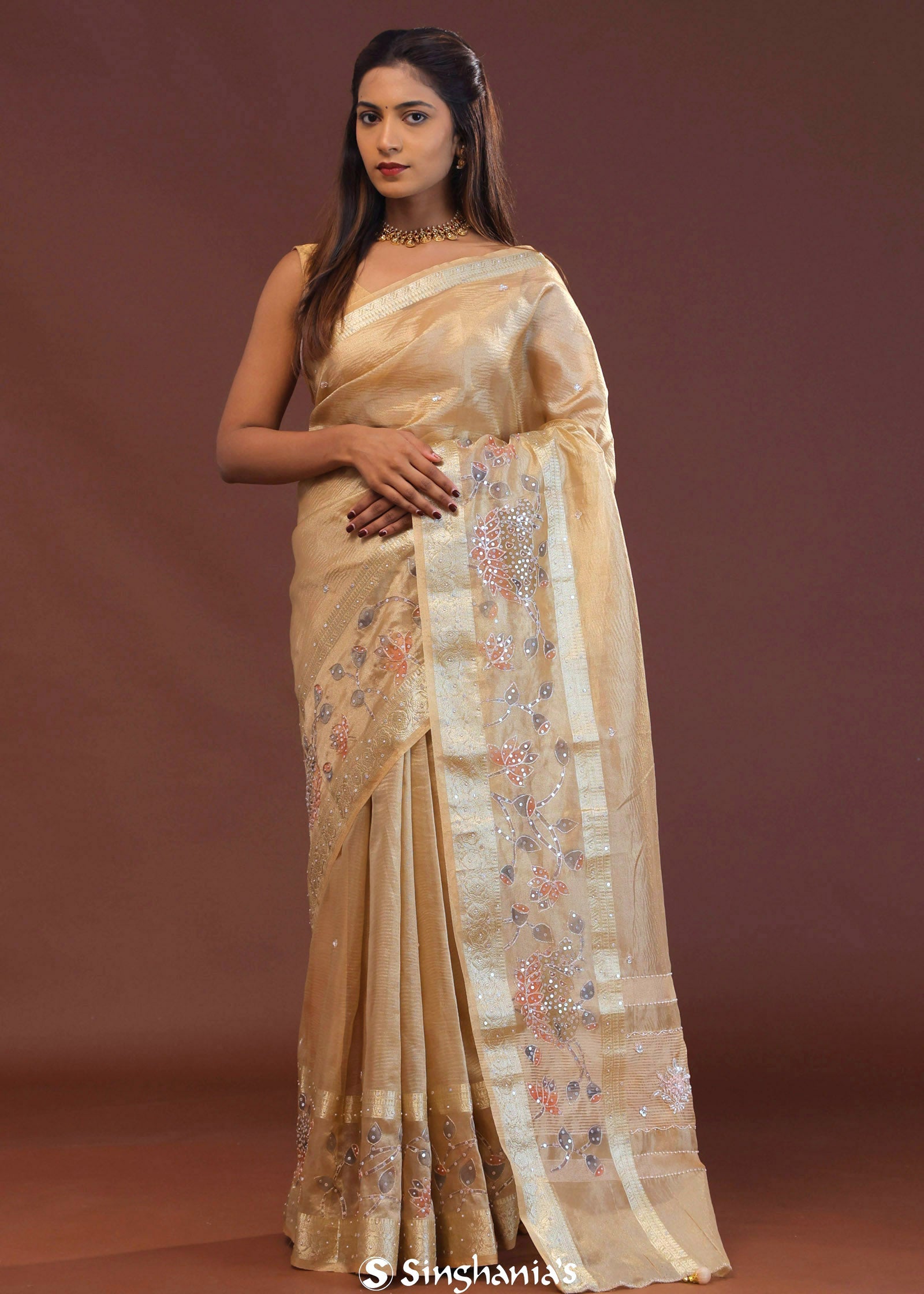 Beige Crushed Tissue Organza Embroidery Saree With Gold Zari Border
